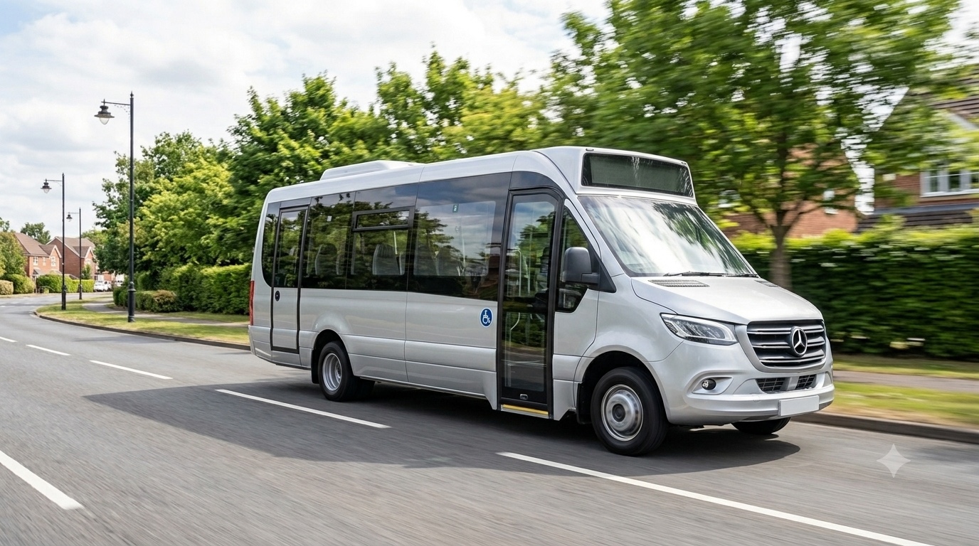 Accessible minibus travelling on a residential road